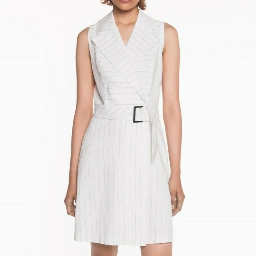 CUE Size 4 White striped Faux Wrap Cotton Summer Dress with Belt Light Stretch - Picture 1 of 10